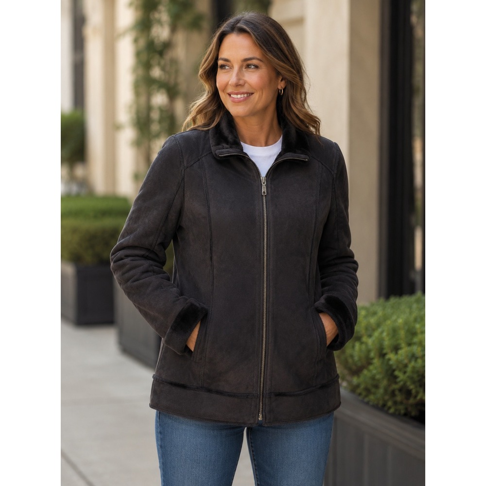Jones Wear Sport Black Faux Suede Fur Lined Zip Front Jacket Womens Medium